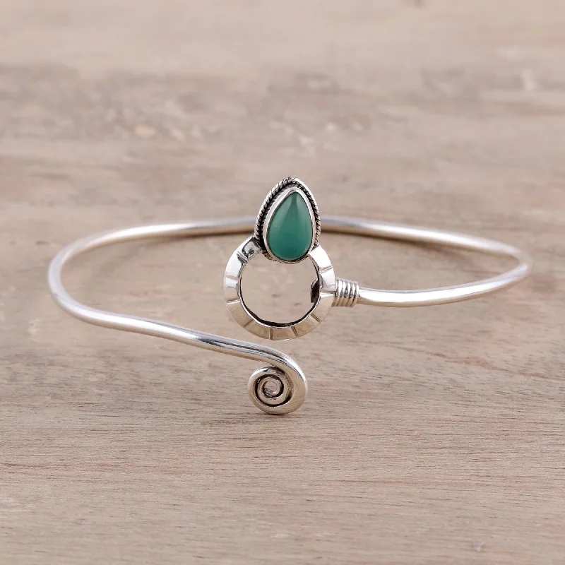 Women's adjustable bracelet-Modern Delhi Vibe Sterling Silver and Green Onyx Minimalist Cuff Bracelet