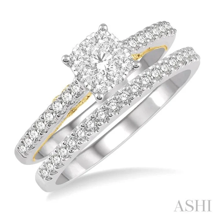 Women’s alternative engagement ring style-5/8 Ctw Lovebright Diamond Wedding Set With 1/2 Ctw Cushion Shape Engagement Ring 14K White and Yellow Gold & 1/6 Ctw Wedding Band in 14K White Gold