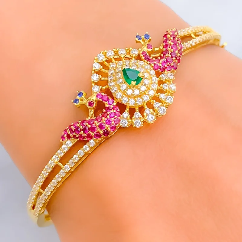 Women's luxury gold bracelet-Impressive 22k Gold CZ Dual Peacock Bangle Bracelet