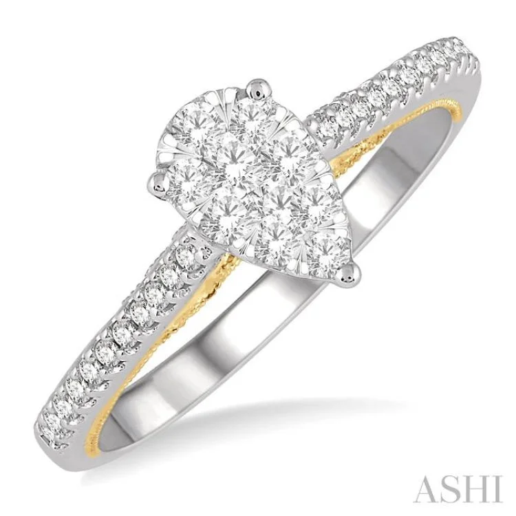 Women’s bridal engagement ring set-1/3 Ctw Pear Shape Round Cut Diamond Lovebright Ring in 14K White and Yellow gold.