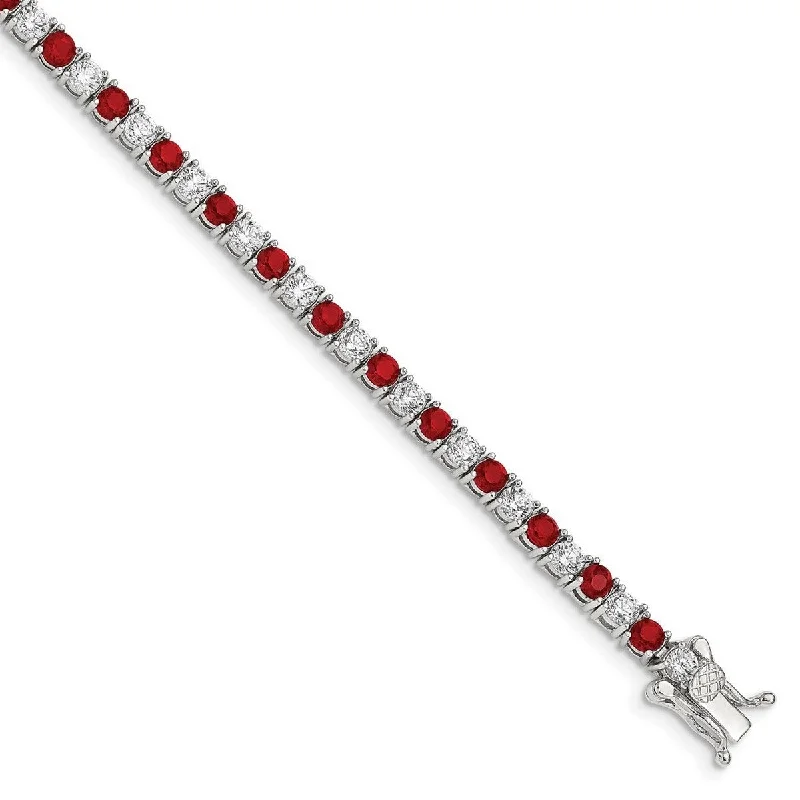 Women's gold chain bracelet-Curata 925 Sterling Silver Polished Safety bar Box Catch Closure Red and White CZ Cubic Zirconia Simulated Diamond Bracelet 7