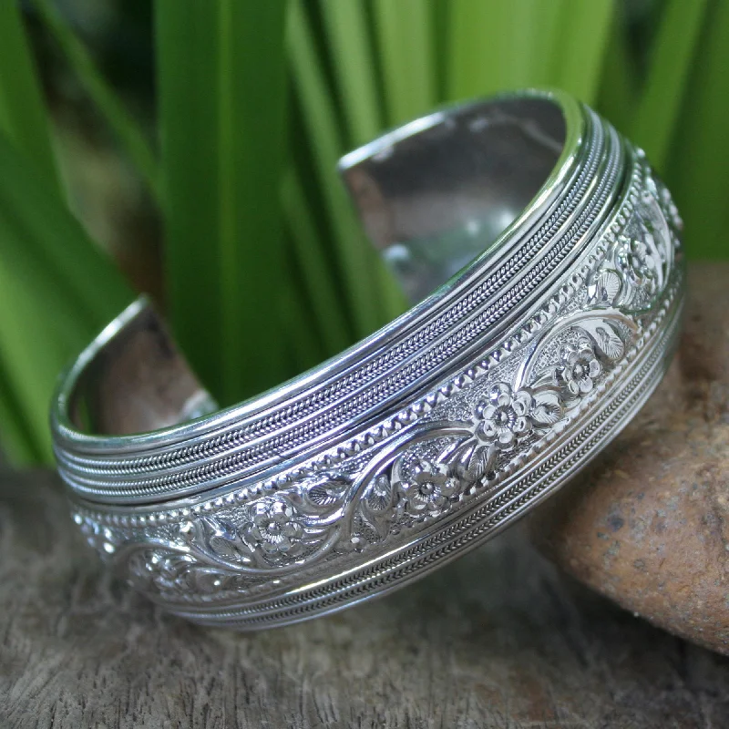 Women's dainty bracelet-Floral Imagination Silver Cuff Bracelet