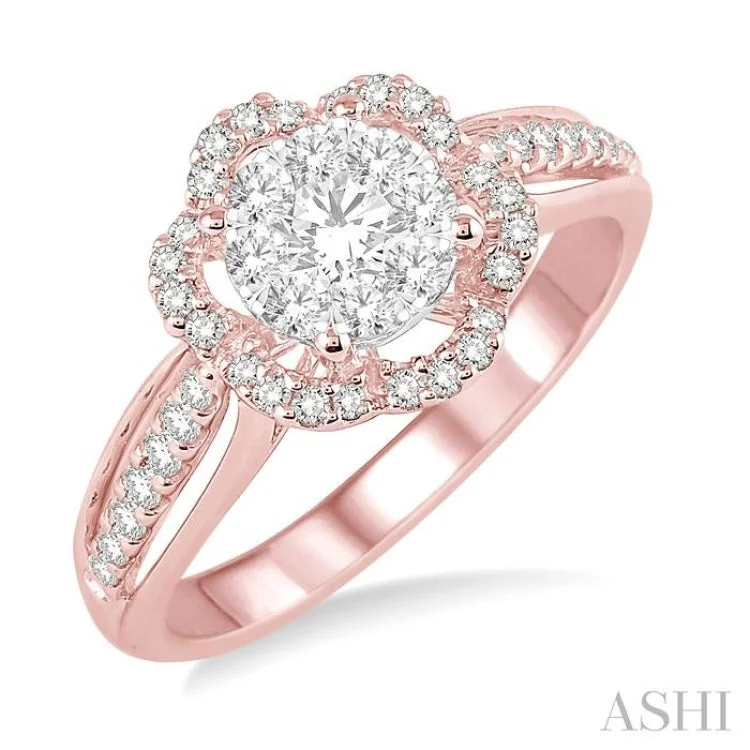 Women’s custom engagement ring designs-5/8 Ctw Round Cut Diamond Lovebright Flower Shape Ring in 14K Rose and White Gold