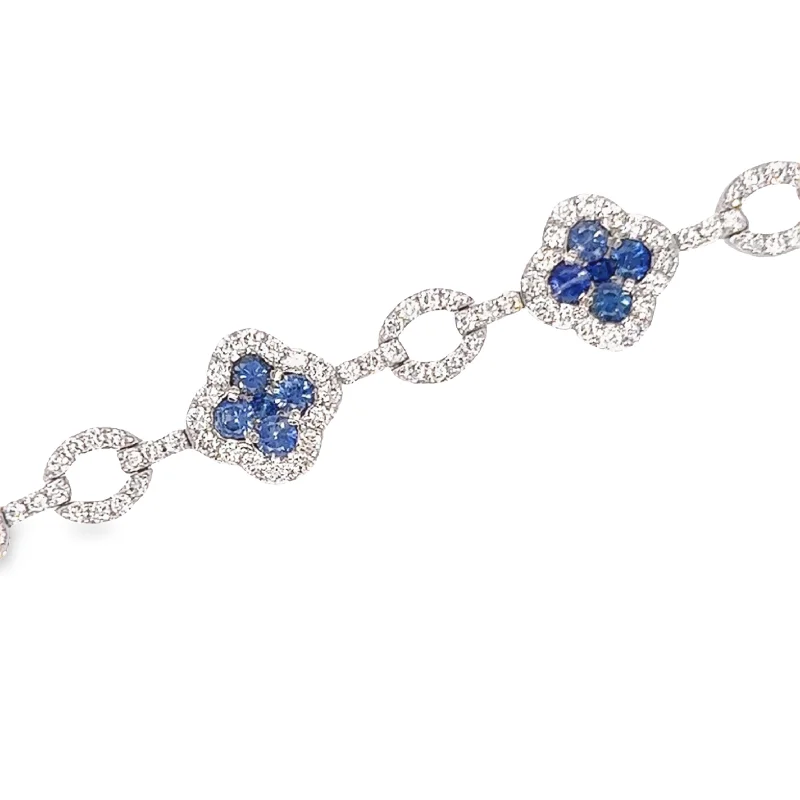 Women's delicate bangle-14K White Gold Sapphire and Diamond Clover Bracelet