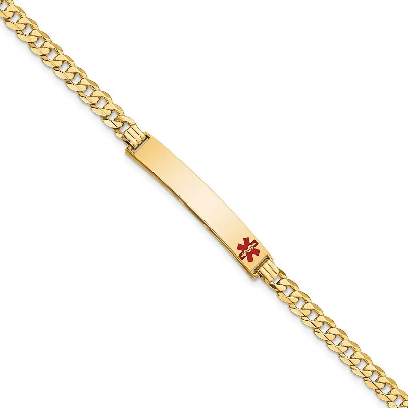 Women's fashion bracelet-Curata 14k Yellow Gold 9.5mm Engravable Medical Red Enamel Curb ID Bracelet