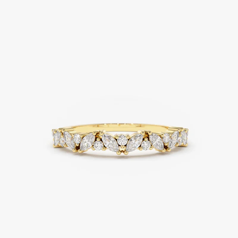 Women’s diamond halo ring for engagement-14K Gold Slanted Marquise and Round Diamond Ring