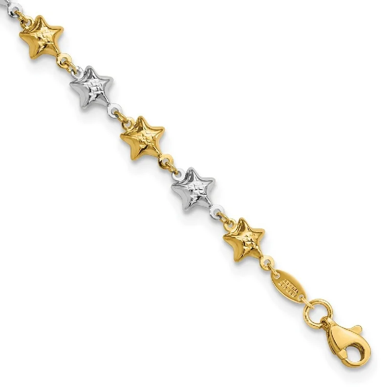 Women's luxury diamond bracelet-Curata 14k Two tone Gold Puffed Star Bracelet 7.75 Inch