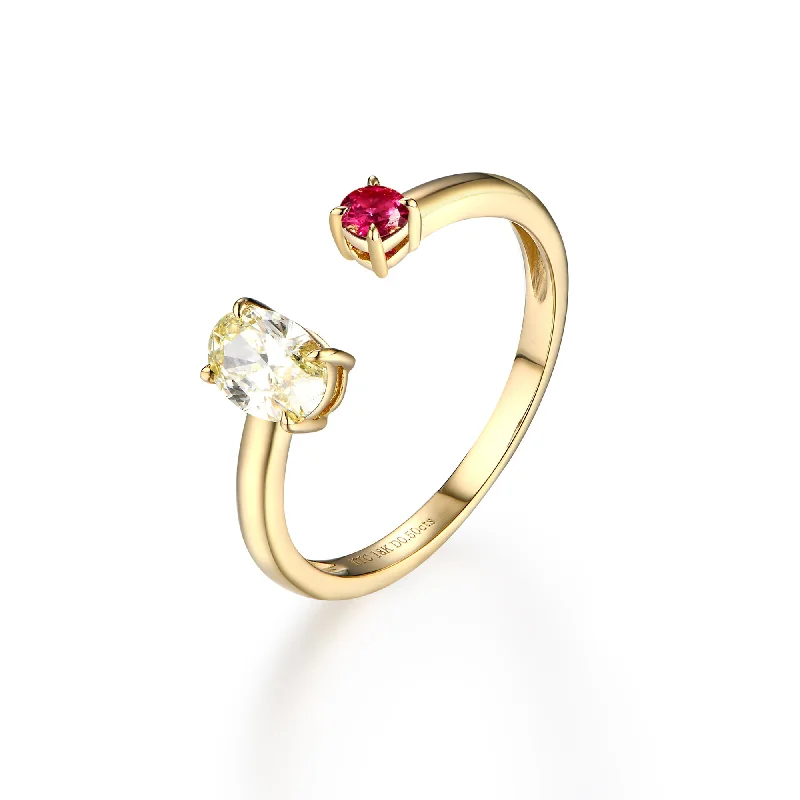 Women’s three-stone engagement ring-Pink Sapphire & Light Yellow Diamond Open Ring