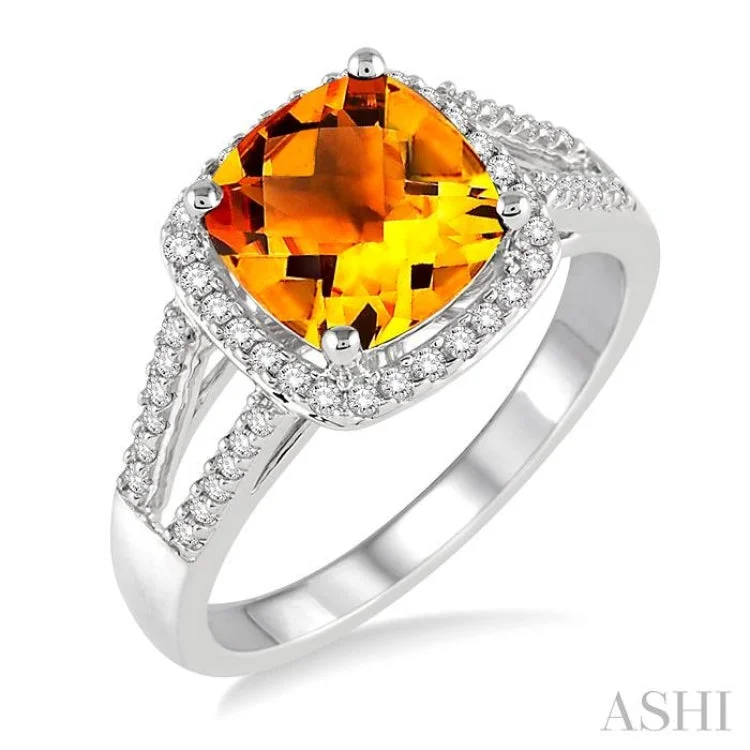 Women’s handcrafted engagement ring-8x8 MM Cushion Cut Citrine and 1/4 Ctw Round cut Diamond Ring in 10K White Gold