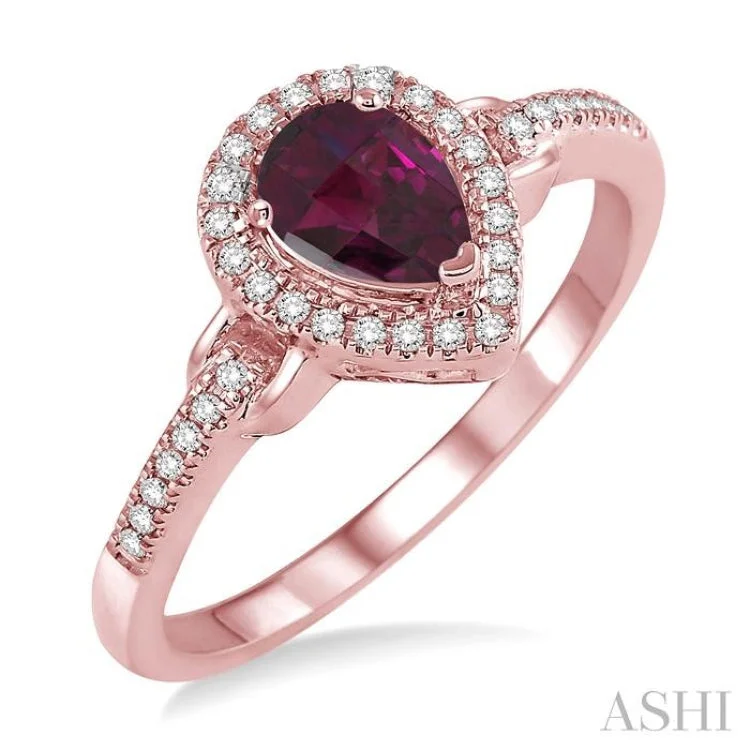 Women’s unique gemstone engagement ring-7x5 MM Pear Shape Rhodolite Garnet and 1/6 Ctw Round Cut Diamond Ring in 10K Rose Gold