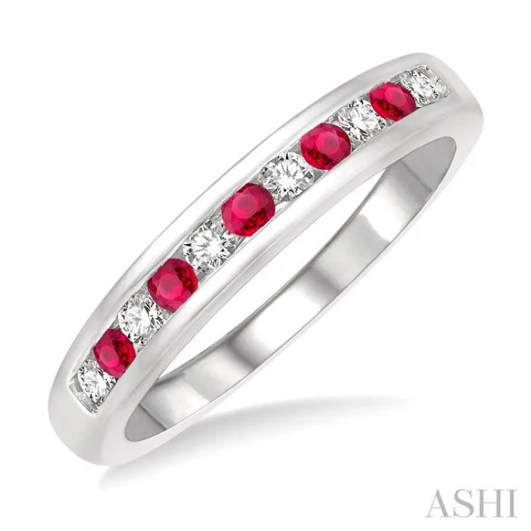 Women’s custom engagement ring-1/5 ctw Round Cut Diamond and 2MM Ruby Precious Wedding Band in 14K White Gold