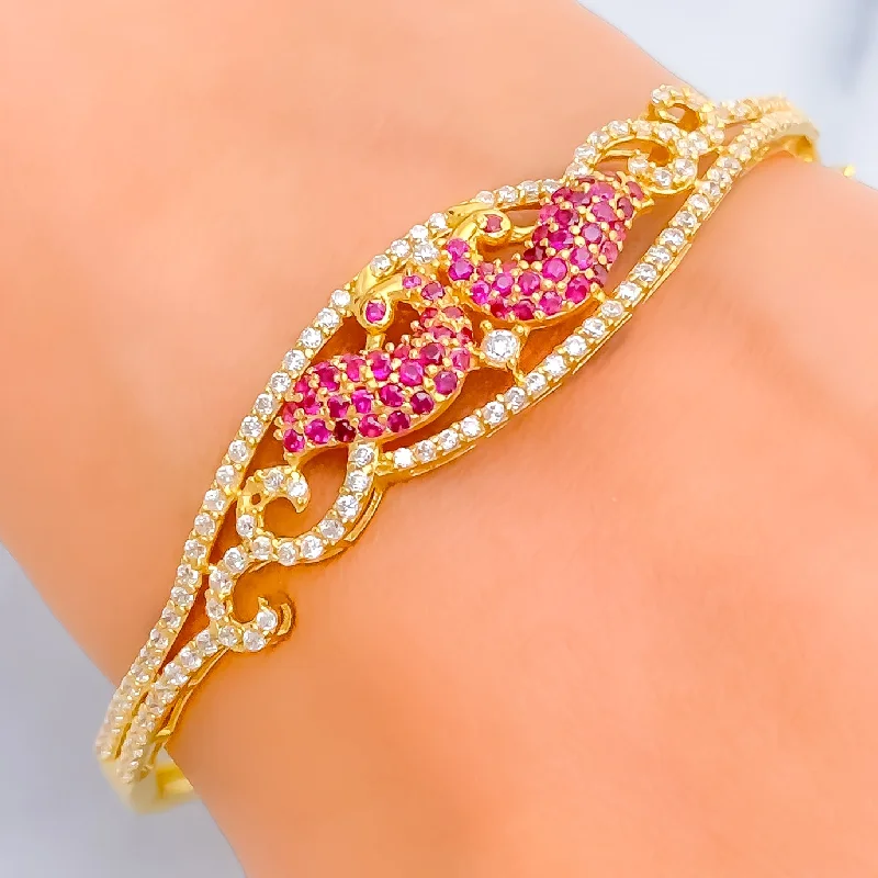 Women's gemstone bangle set-Ornate Twin Peacock 22k Gold CZ Bangle Bracelet