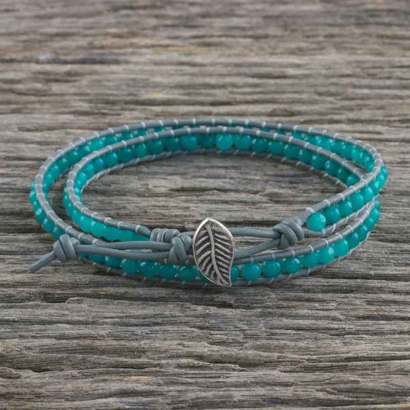 Women's heart bangle-Window Glass Aqua Blue Quartz and Karen Silver Beaded Wrap Bracelet