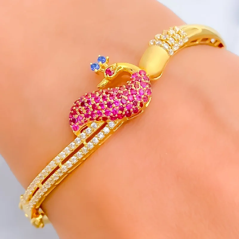 Women's trendy bangles-Unique Upscale Peacock 22k Gold CZ Bangle Bracelet