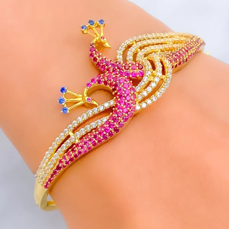 Women's matching bracelet set-Regal Striped 22k Gold CZ Peacock Bangle Bracelet