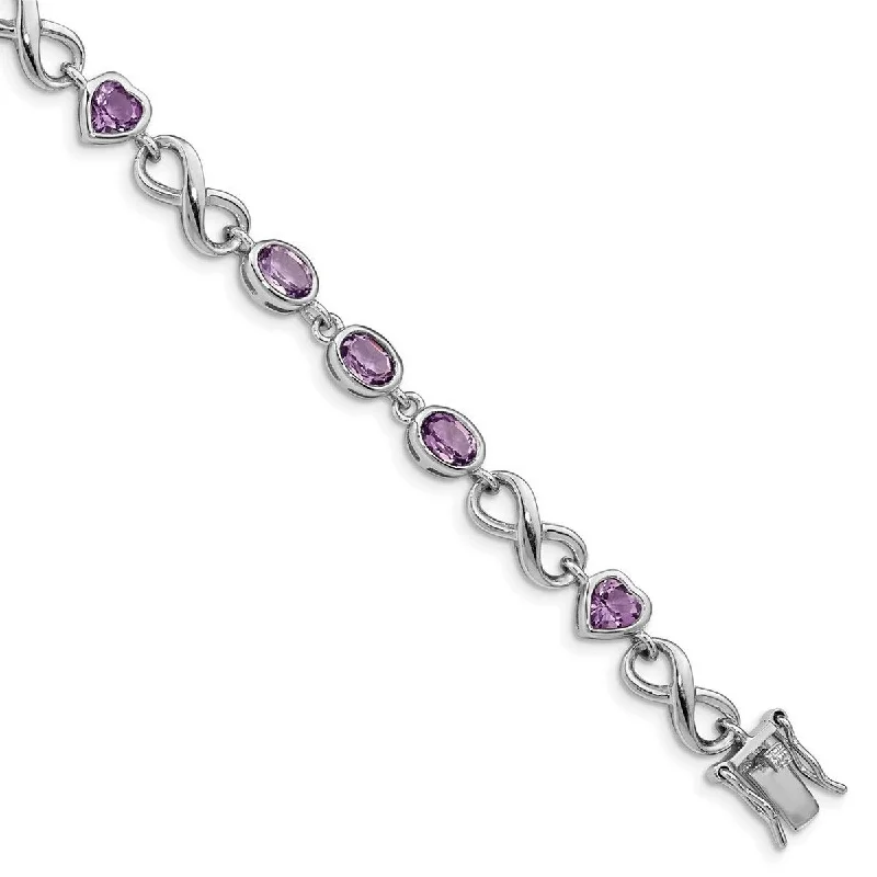 Women's silver chain bracelet-Curata 925 Sterling Silver Polished Box Catch Closure Oval Love Heart Amethyst Bracelet