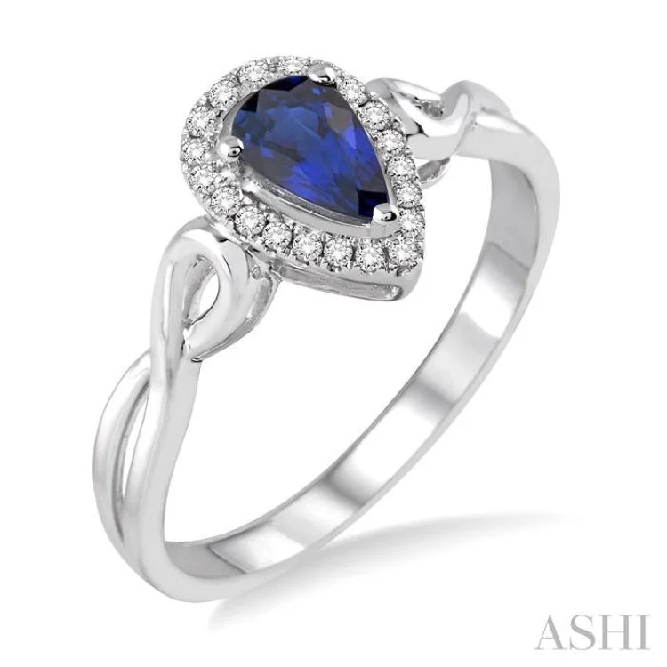 Women’s custom engagement ring-6x4 MM Pear Shape Sapphire and 1/10 Ctw Round Cut Diamond Ring in 10K White Gold