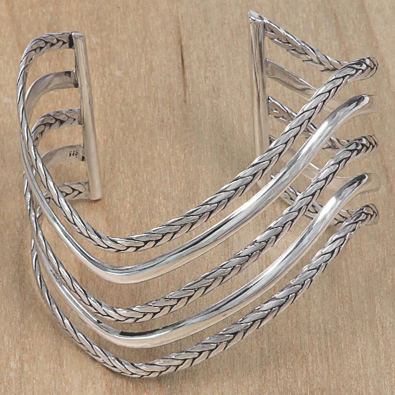 Women's gold chain bracelet-Parallel Paths Artisan Crafted Modern Sterling Cuff Bracelet from Bali