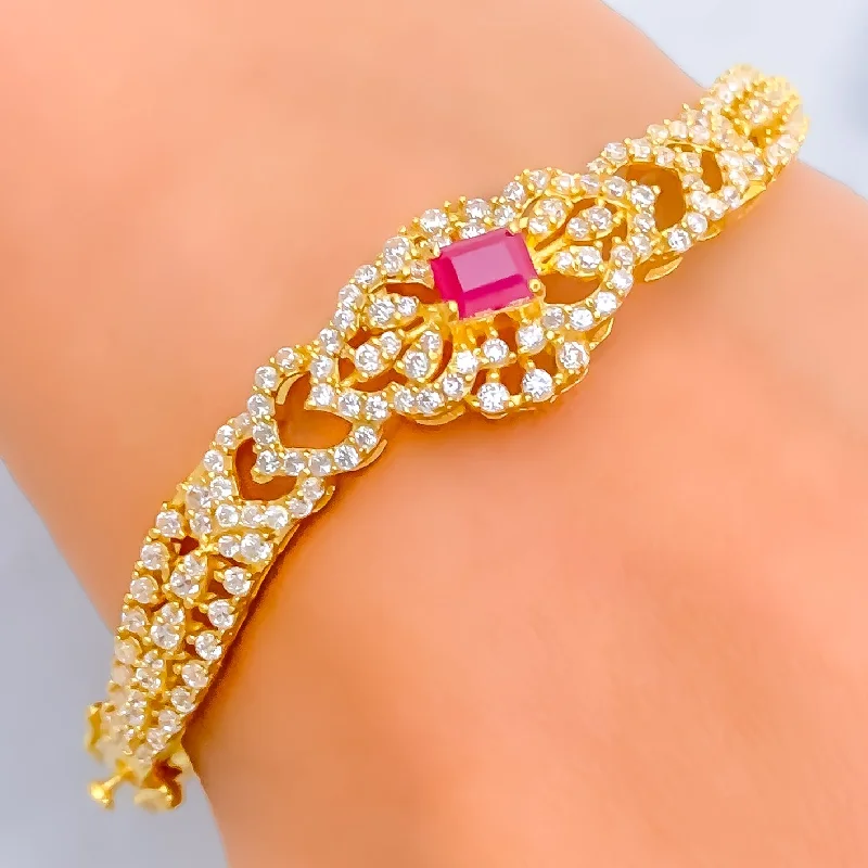 Women's layered bracelet-Elegant Floral 22k Gold CZ Bangle Bracelet