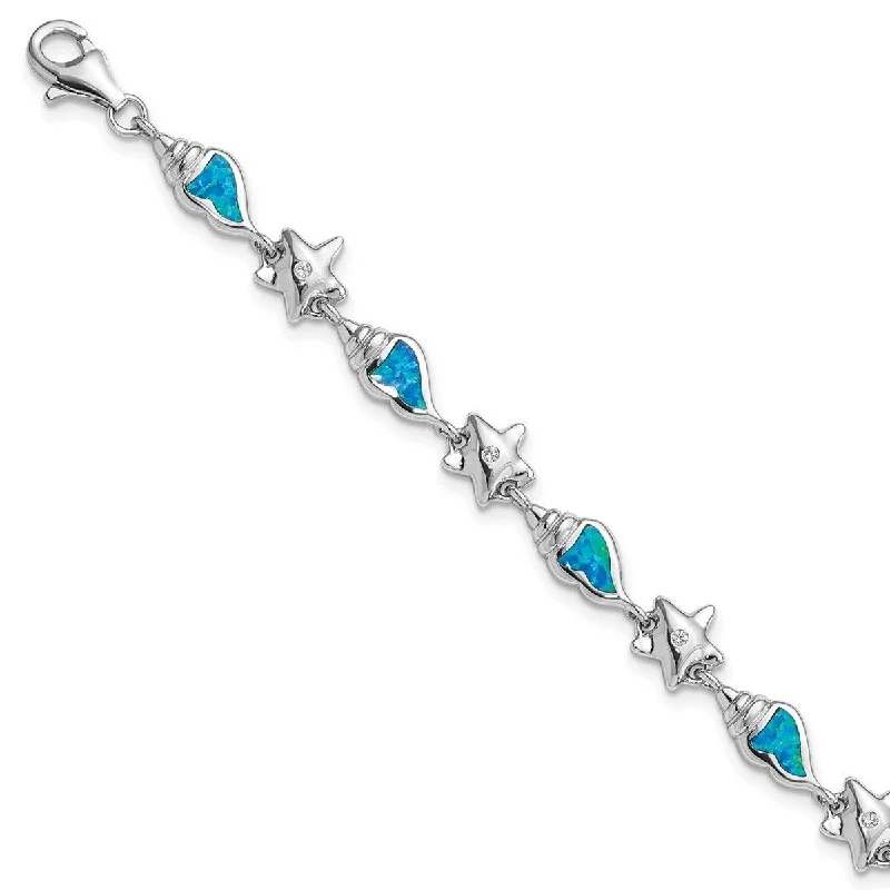 Women's gold chain bracelet-Curata 925 Sterling Silver Polished Lobster Claw Closure Starfish With CZ and Created Blue Simulated Opal Seashell 7.25 Bracelet