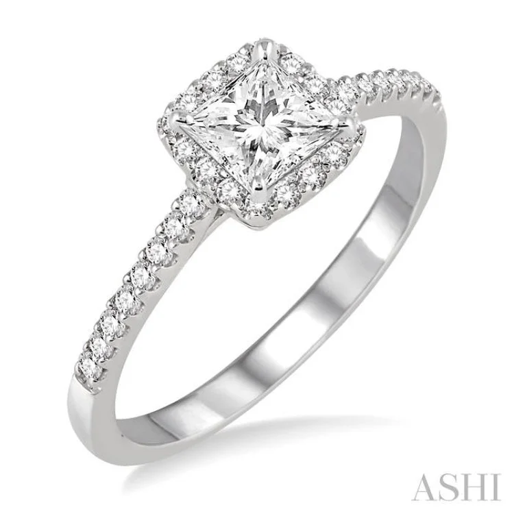 Women’s luxury engagement ring-1/2 Ctw Diamond Engagement Ring with 1/4 Ct Princess Cut Center Stone in 14K White Gold