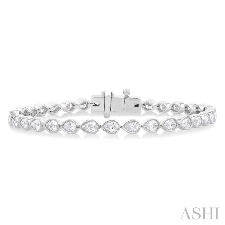 Women's elegant bangle-3 1/4 Ctw East-West Bezel Set Pear Cut Diamond Tennis Bracelet in 14K White Gold