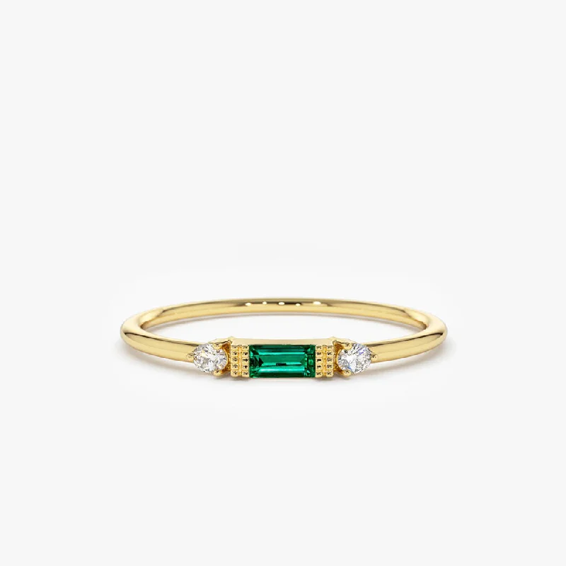 Women’s romantic engagement ring-14k Baguette Emerald with Diamond Ring