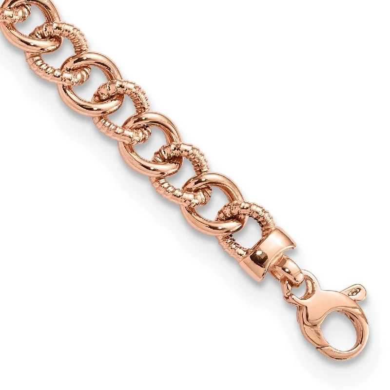 Women's romantic bracelet-Curata 14k Rose Gold Polished and Textured Fancy Link Bracelet 7.5 Inch