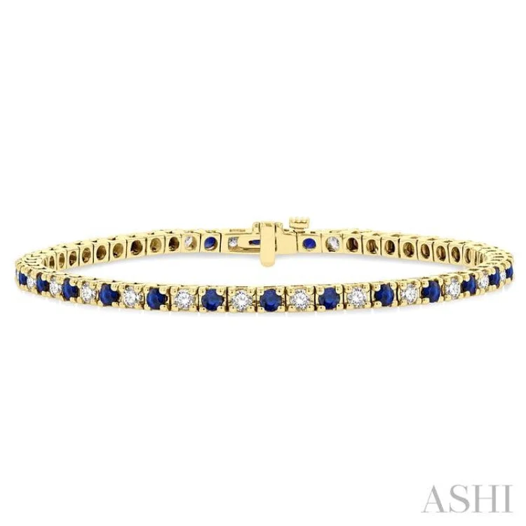 Women's bangles for wedding-1 1/2 ctw Square Box Link 2.5MM Sapphire and Round Cut Diamond Precious Tennis Bracelet in 14K Yellow Gold