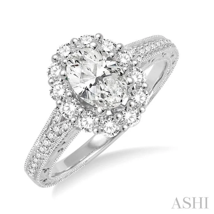 Women’s multi-stone engagement ring-1 1/6 Ctw Diamond Engagement Ring with 5/8 Ct Oval Cut Center Stone in 14K White Gold