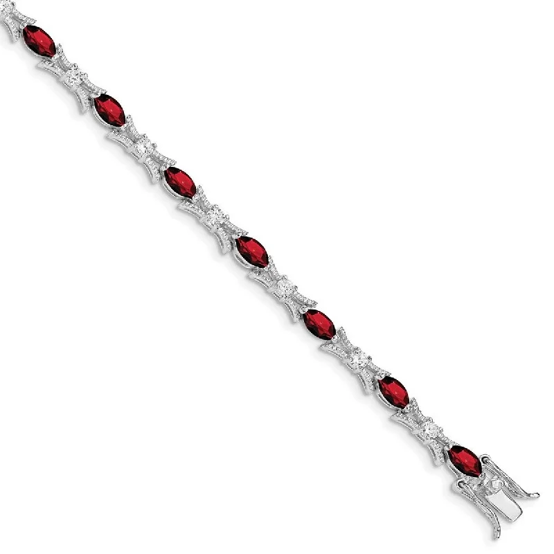 Women's silver bangle-Curata 925 Sterling Silver Polished Box Catch Closure Garnet and CZ Cubic Zirconia Simulated Diamond Bracelet 7.5 Inch Box Clasp