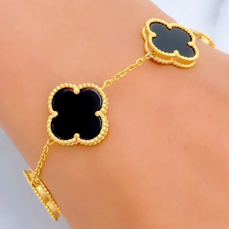 Women's silver chain bracelet-Ornate Onyx 22k Gold Clover Bracelet