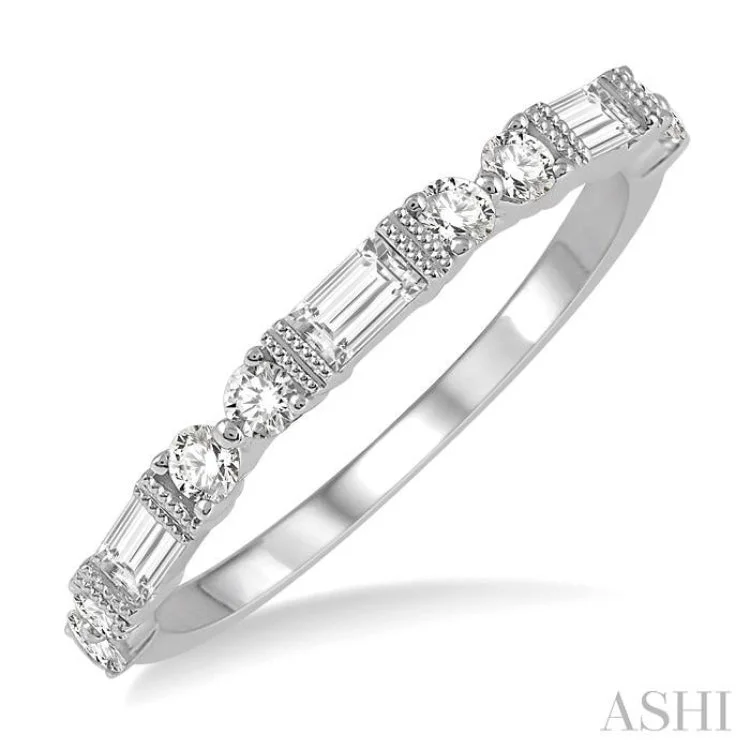 Women’s ethical engagement ring-1/2 ctw Segmented Art Deco Baguette and Round Cut Diamond Stackable Band in 14K White Gold