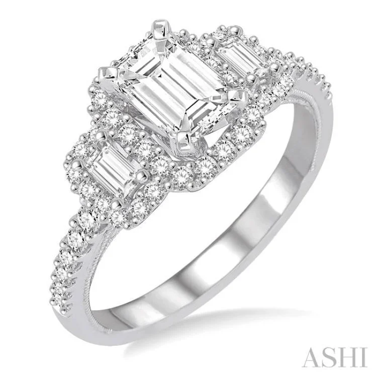 Women’s custom engagement ring designs-1 1/3 Ctw Diamond Engagement Ring with 3/4 Ct Emerald Cut Center Stone in 14K White Gold