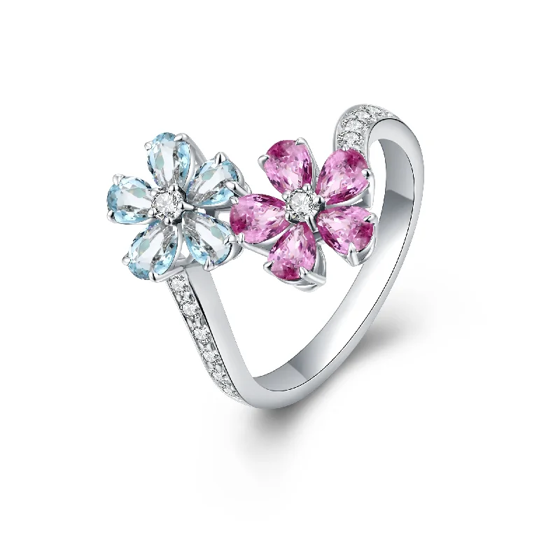 Women’s engagement ring with custom engraving-Natural Pink Sapphire & Aquamarine and White Diamond Ring