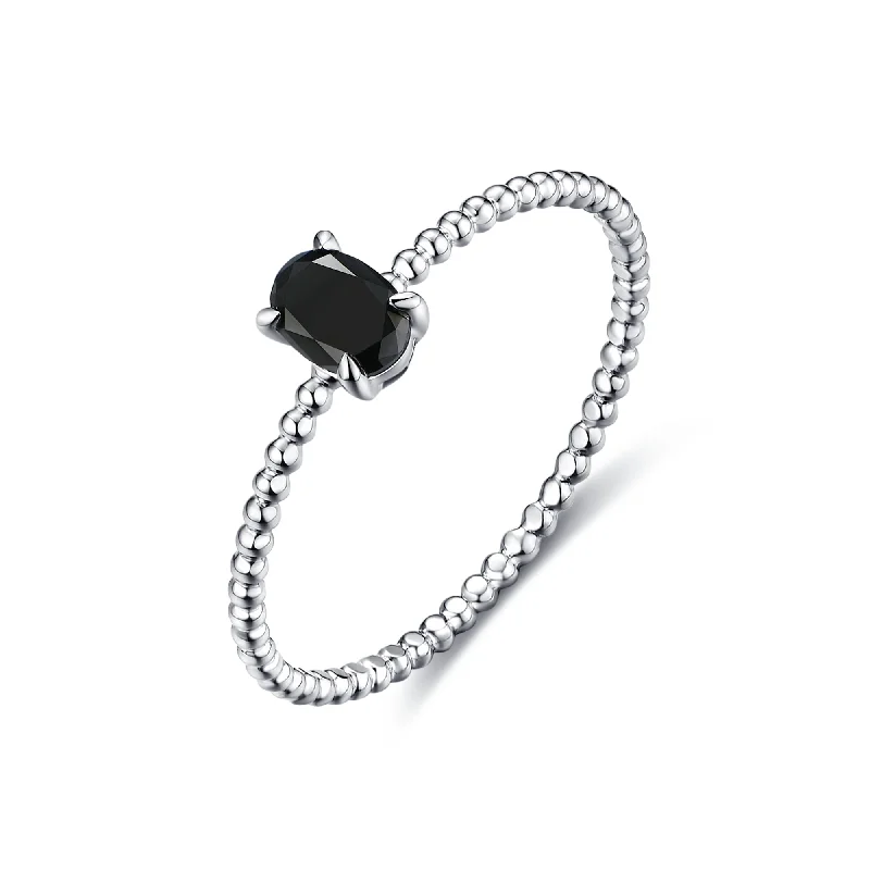 Women’s stackable solitaire engagement ring-Oval Black Diamond Beaded Ring