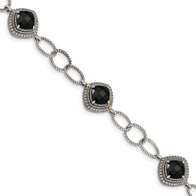 Women's vintage bracelet-Curata 13.26mm 925 Sterling Silver With 14k Accent Simulated Onyx 7.5inch Bracelet