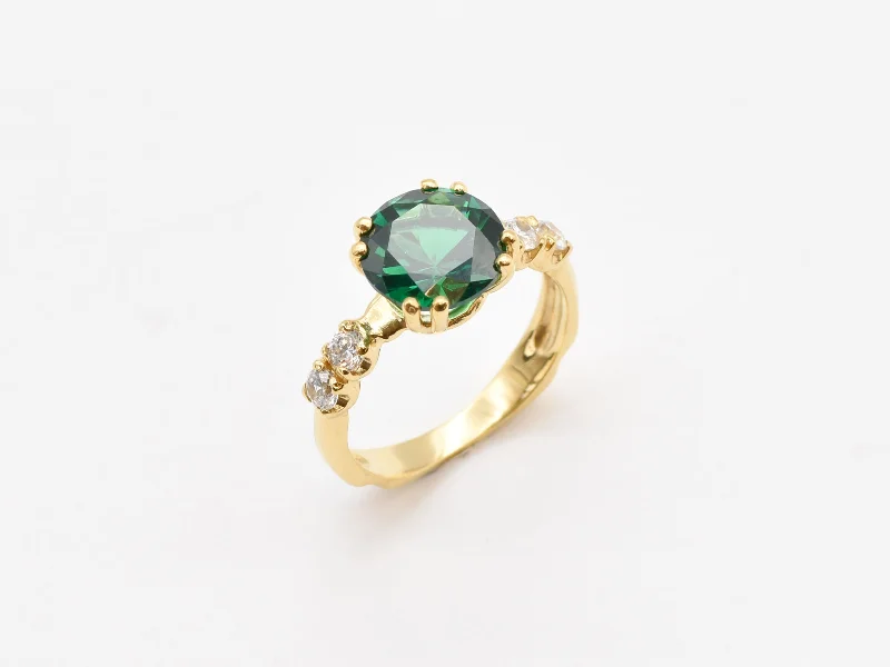 Women’s sapphire engagement ring-Gold Emerald Ring - Green Round Ring - VIntage Engagement Ring