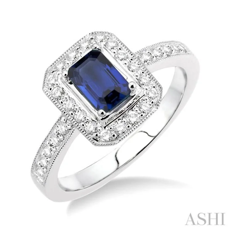 Women’s exquisite engagement ring-6x4MM Octagon Cut Sapphire and 1/3 Ctw Round Cut Diamond Ring in 18K White Gold