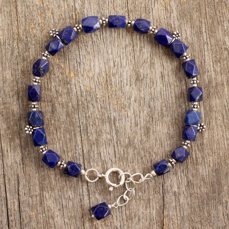 Women's minimalist bracelet-Blossoming Ecstacy Lapis Lazuli & Silver Beaded Bracelet