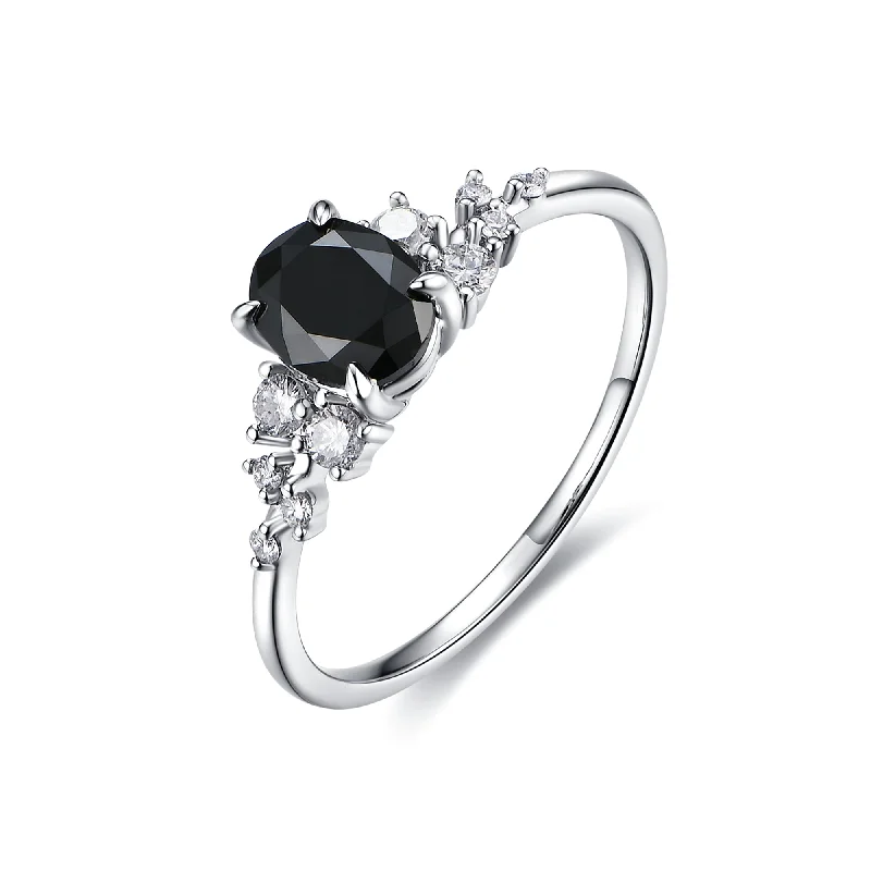 Women’s platinum wedding ring set-Natural Oval Black Diamond Ring