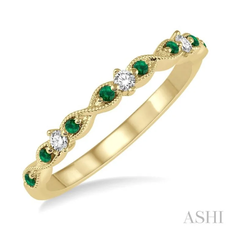 Women’s custom-designed engagement ring-1/10 Ctw Round Cut Diamond and 1.25mm Emerald Precious Wedding Band in 14K Yellow Gold