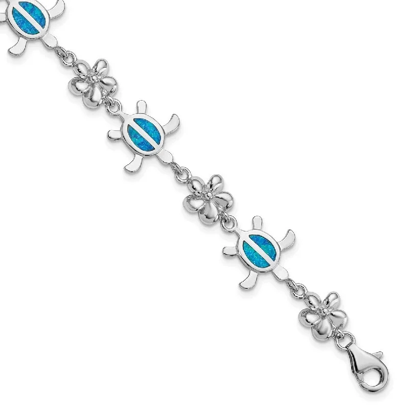 Women's beaded bracelet-Curata 925 Sterling Silver Polished Lobster Claw Closure Created Blue Simulated Opal Inlay Tortoise With Flower Bracelet 7 Inch