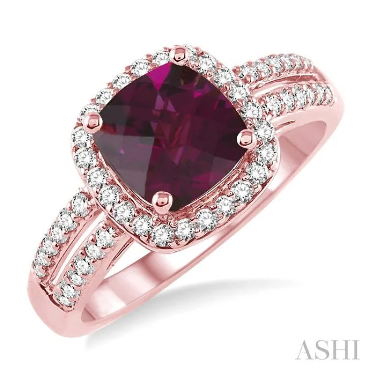 Women’s diamond halo engagement ring-7x7 mm Cushion Cut Rhodolite Garnet and 1/3 Ctw Round Cut Diamond Ring in 14K Rose Gold