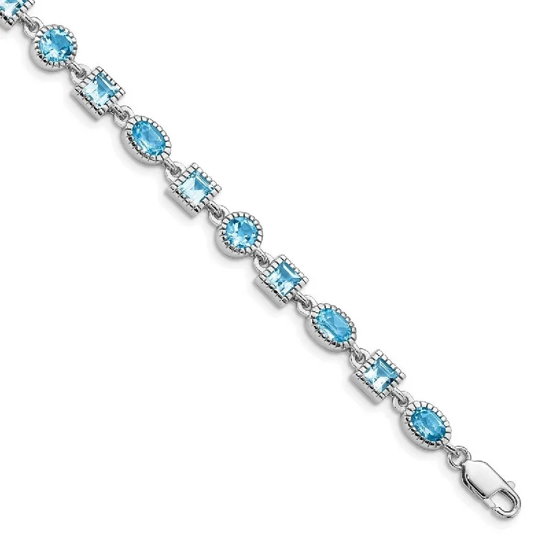 Women's bangle bracelet-Curata 925 Sterling Silver Textured Polished Open back Blue Topaz Bracelet 7 Inch Lobster Claw