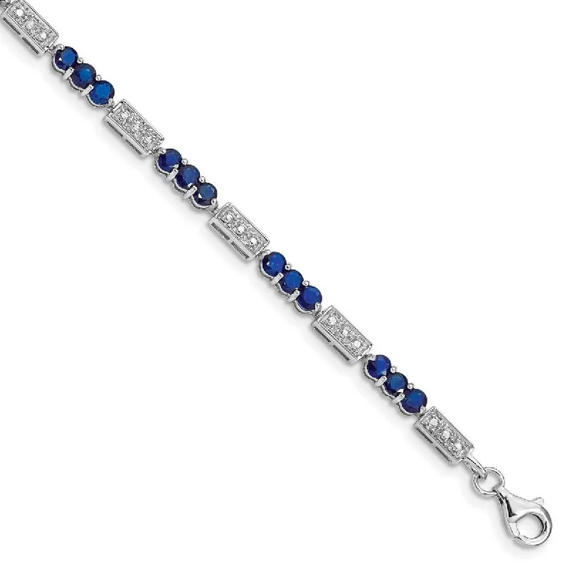 Women's lucky charm bracelet-Curata 925 Sterling Silver Polished Open back Fancy Lobster Closure Sapphire and Diamond Bracelet