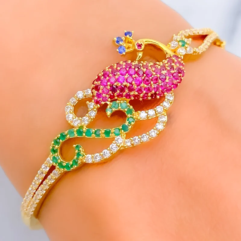 Women's romantic bracelet-Palatial Wavy Peacock 22k Gold CZ Bangle Bracelet