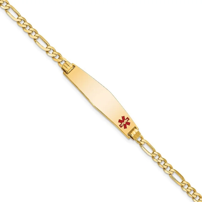 Women's silver chain bracelet-Curata 14k Yellow Gold 8.5mm Engravable Medical Red Enamel Flat Figaro Link ID Bracelet