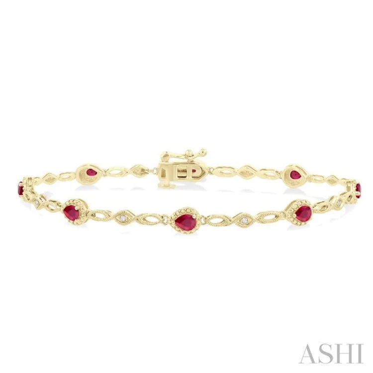 Women's diamond bracelet-1/20 Ctw Pear Cut 4X3 MM Ruby and Round Cut Diamond Precious Fashion Bracelet in 10K Yellow Gold