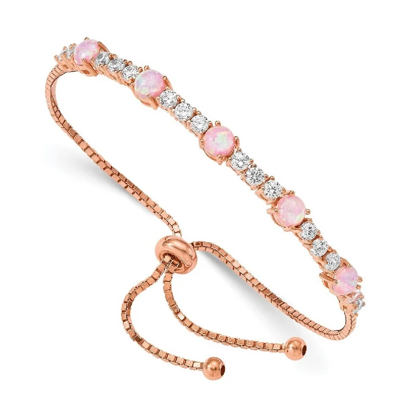 Women's handmade bracelet-Curata 925 Sterling Silver Rose tone Lab Simulated Opal and Cubic Zirconia Adjustable Bracelet